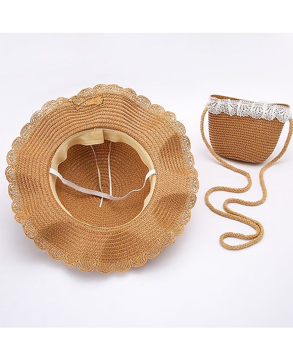 Babyhug Straw Hat With Bow & Purse - Brown