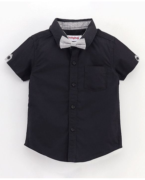 Babyhug Half Sleeves Solid Party Shirt with Pocket and Bow - Black