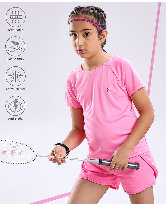 Pine Active Lycra T-shirt and Shorts Set HD Print - Pink