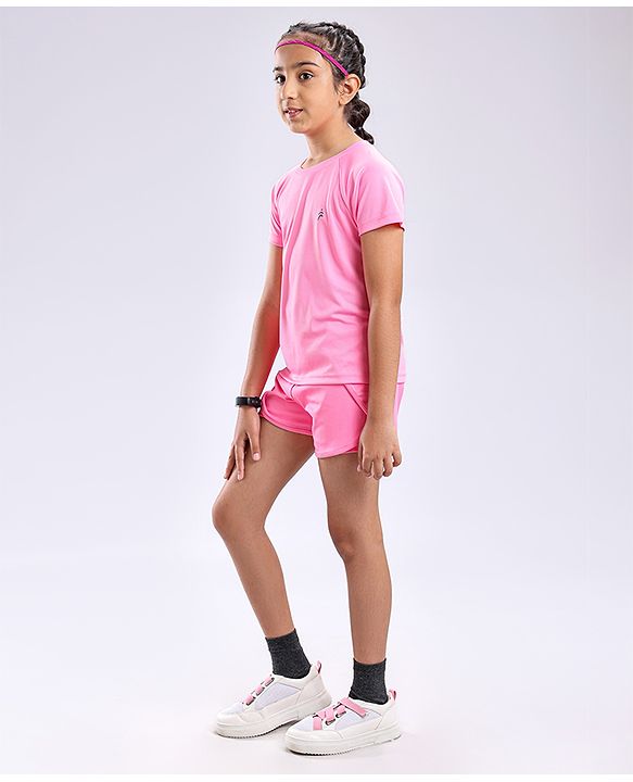 Pine Active Lycra T-shirt and Shorts Set HD Print - Pink