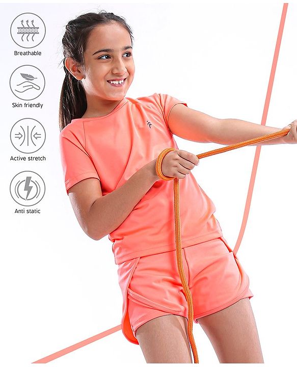 Pine Active Half Sleeves Lycra Top with HD Print and Short Set - Light Orange