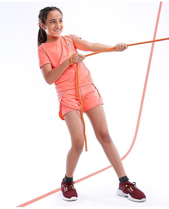 Pine Active Half Sleeves Lycra Top with HD Print and Short Set - Light Orange