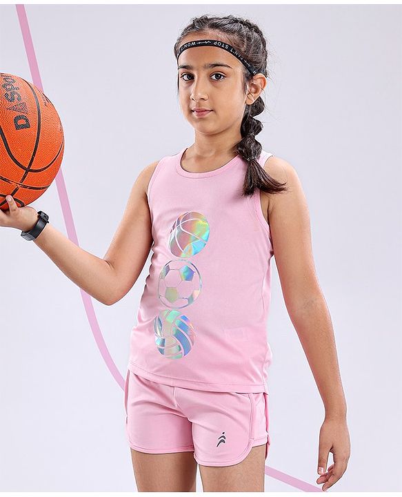 Pine Active Poly Lycra Knit Athleisure Sleeveless Top & Bottom Set Balls Printed - Pink
