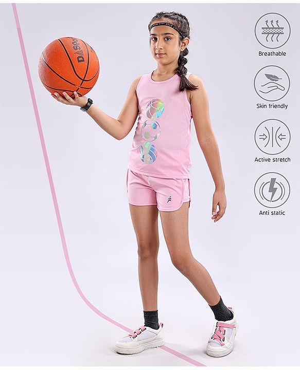 Pine Active Poly Lycra Knit Athleisure Sleeveless Top & Bottom Set Balls Printed - Pink