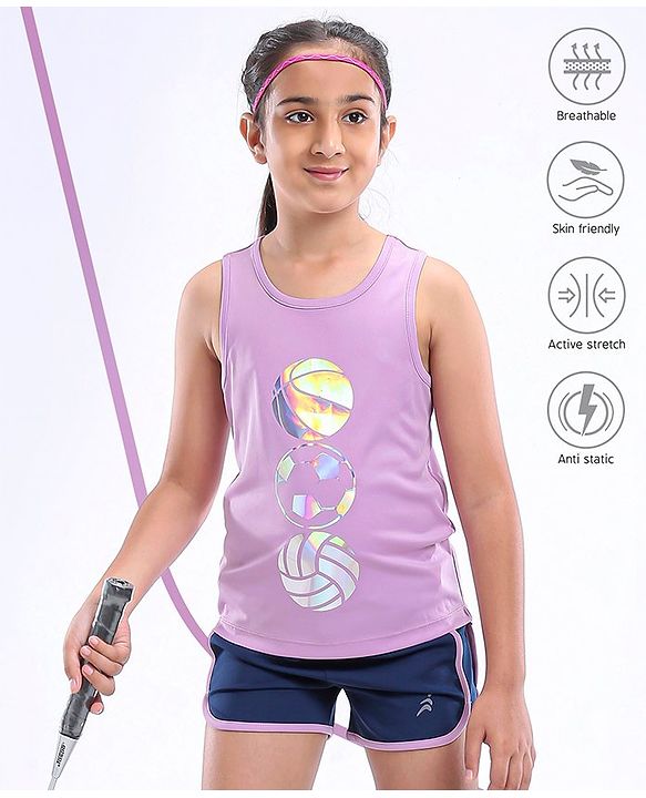 Pine Active Poly Lycra Knit Athleisure Sleeveless Top & Bottom Set Balls Printed - Purple Blue