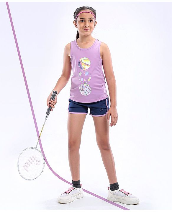 Pine Active Poly Lycra Knit Athleisure Sleeveless Top & Bottom Set Balls Printed - Purple Blue