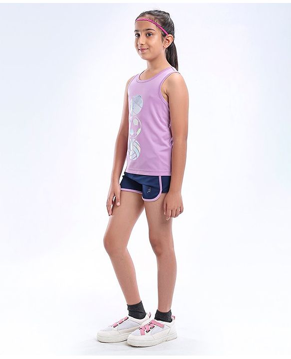 Pine Active Poly Lycra Knit Athleisure Sleeveless Top & Bottom Set Balls Printed - Purple Blue