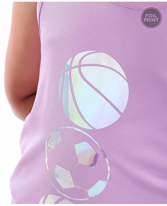 Pine Active Poly Lycra Knit Athleisure Sleeveless Top & Bottom Set Balls Printed - Purple Blue