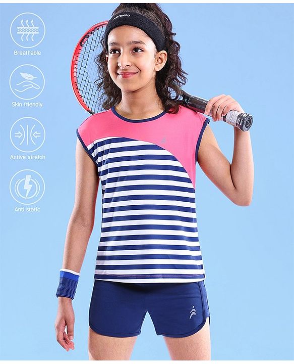 Pine Active Stretchable Sleeveless T-Shirt and Shorts Set Striped - Pink Blue