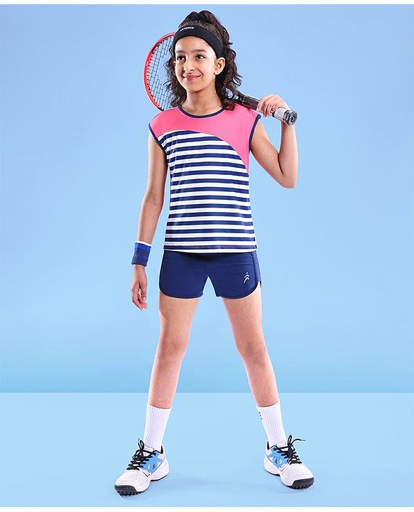Pine Active Stretchable Sleeveless T-Shirt and Shorts Set Striped - Pink Blue
