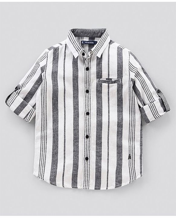 Pine Kids Full Sleeves Stripe Shirt Softener Wash - White