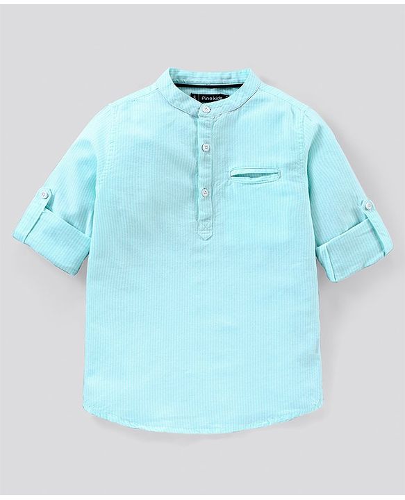 Pine Kids Full Sleeves Striped Shirt Half Button Placket Softner Wash - Blue