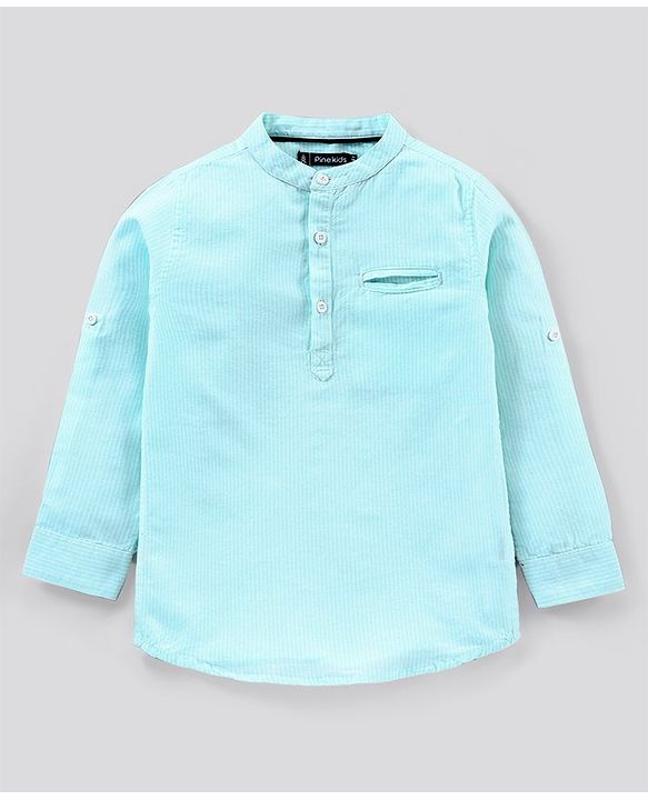 Pine Kids Full Sleeves Striped Shirt Half Button Placket Softner Wash - Blue