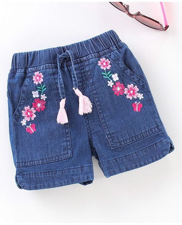 Babyhug Mid Thigh Denim Shorts Floral Embroidery - Blue