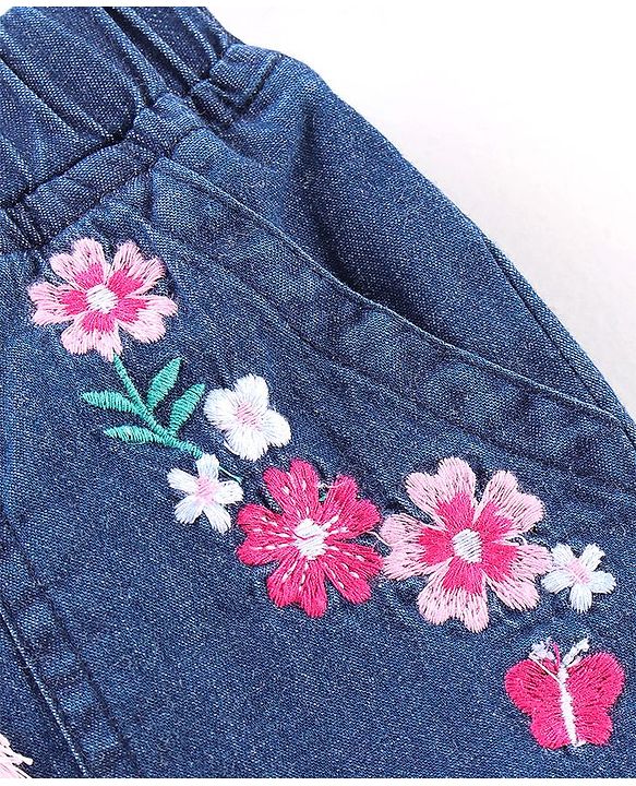 Babyhug Mid Thigh Denim Shorts Floral Embroidery - Blue