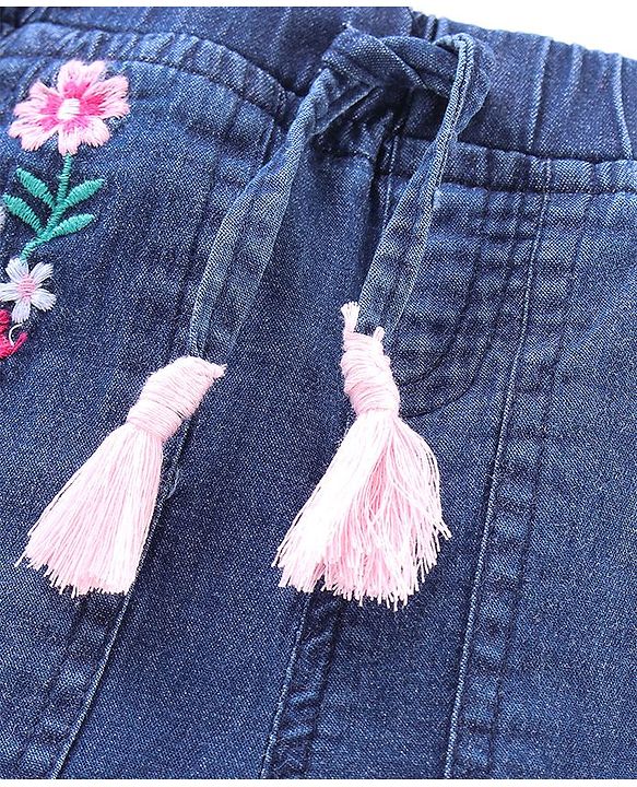 Babyhug Mid Thigh Denim Shorts Floral Embroidery - Blue