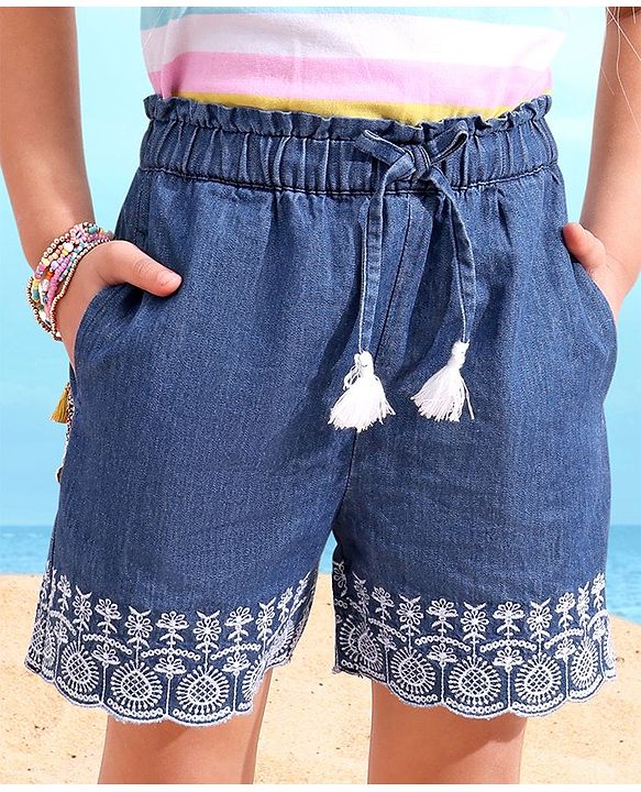 Babyhug Mid Thigh Embroidery Denim Washed Shorts - Blue