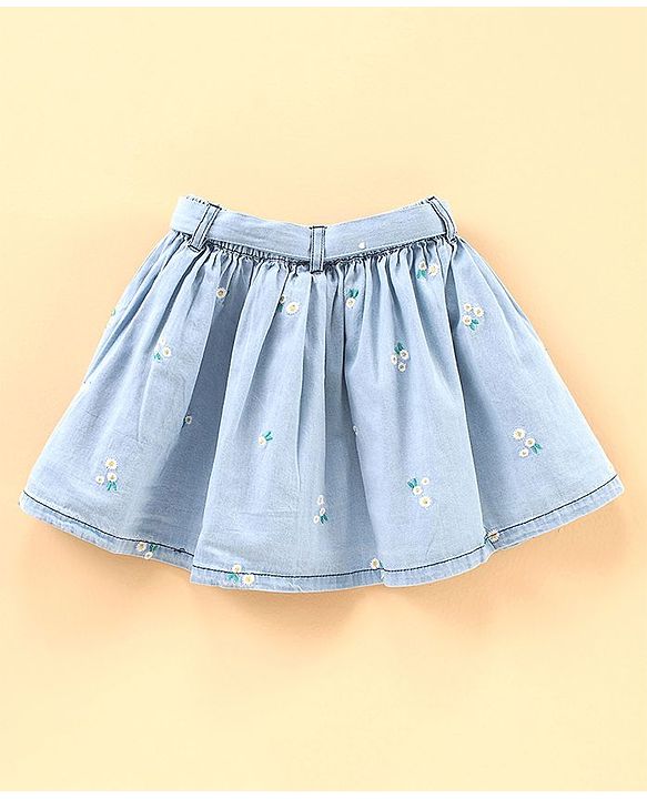 Babyhug Mid Thigh Denim Skirt with Lace Belt & Floral Embroidery - Blue