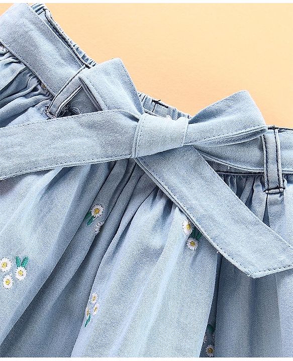 Babyhug Mid Thigh Denim Skirt with Lace Belt & Floral Embroidery - Blue