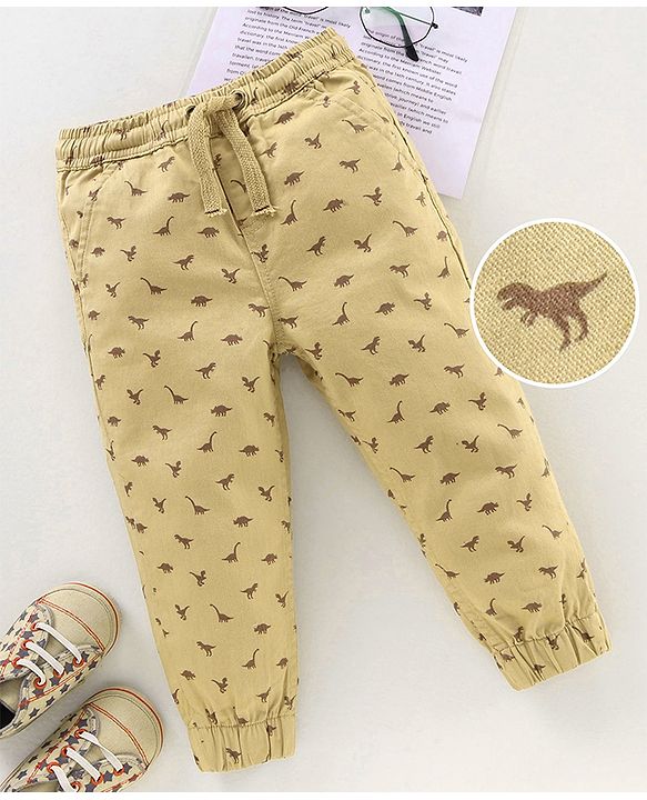 Babyhug Cotton Lycra Full Length Dino Printed Jogger Pant - Light Beige