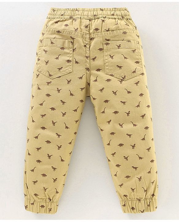 Babyhug Cotton Lycra Full Length Dino Printed Jogger Pant - Light Beige