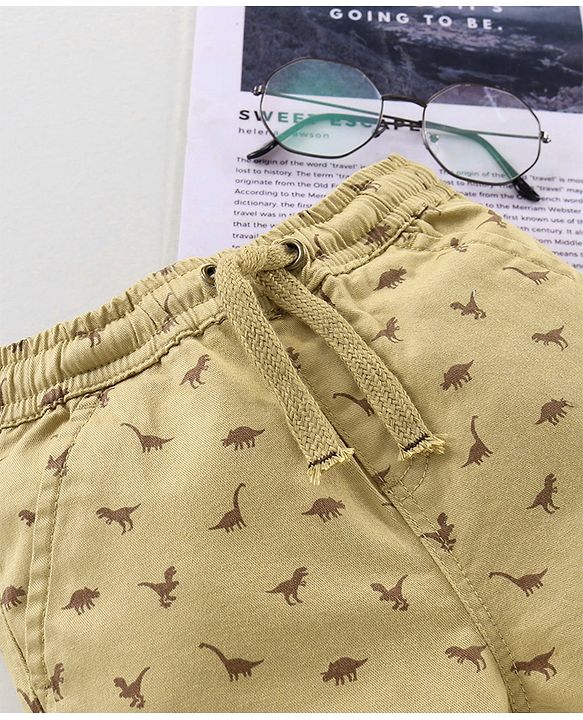 Babyhug Cotton Lycra Full Length Dino Printed Jogger Pant - Light Beige
