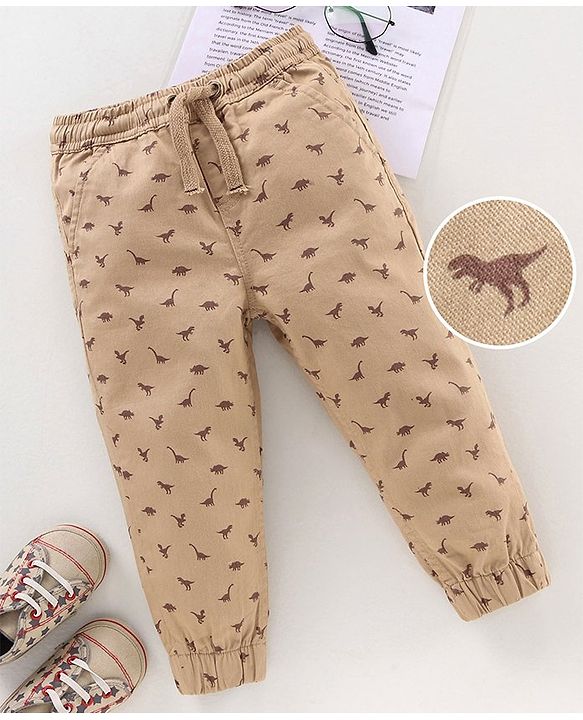 Babyhug Cotton Lycra Full Length Dino Printed Jogger Pant - Light Beige