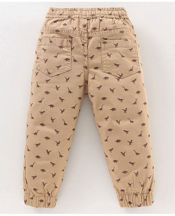 Babyhug Cotton Lycra Full Length Dino Printed Jogger Pant - Light Beige