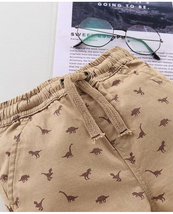 Babyhug Cotton Lycra Full Length Dino Printed Jogger Pant - Light Beige