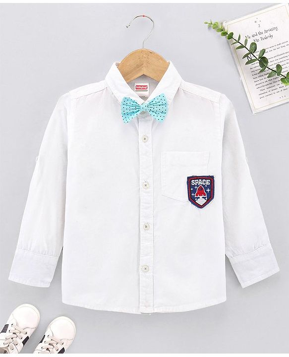 Babyhug Full Sleeves Party Wear Shirt With Bow Space Text Patch - White
