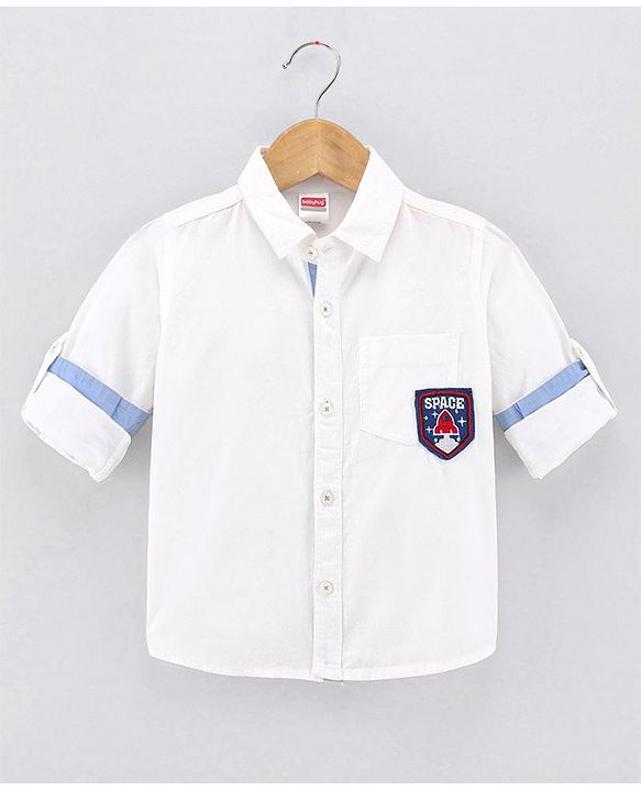 Babyhug Full Sleeves Party Wear Shirt With Bow Space Text Patch - White