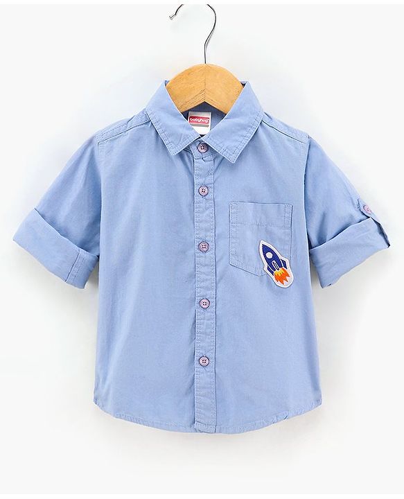 Babyhug Full Sleeves Shirt  With Bow Embroidered Rocket Patch - Blue