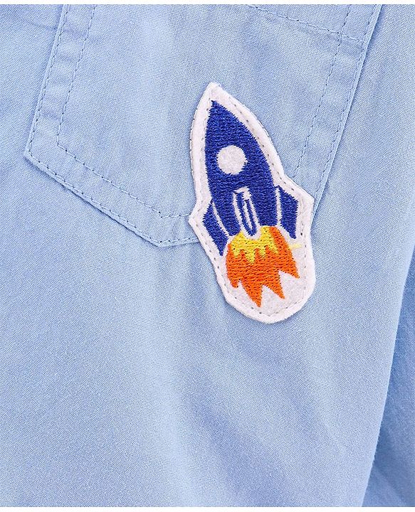 Babyhug Full Sleeves Shirt  With Bow Embroidered Rocket Patch - Blue