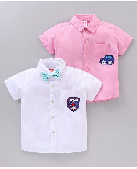 Babyhug Half Sleeves Cotton Shirt Car & Space Patch Pack of 2 - Pink White