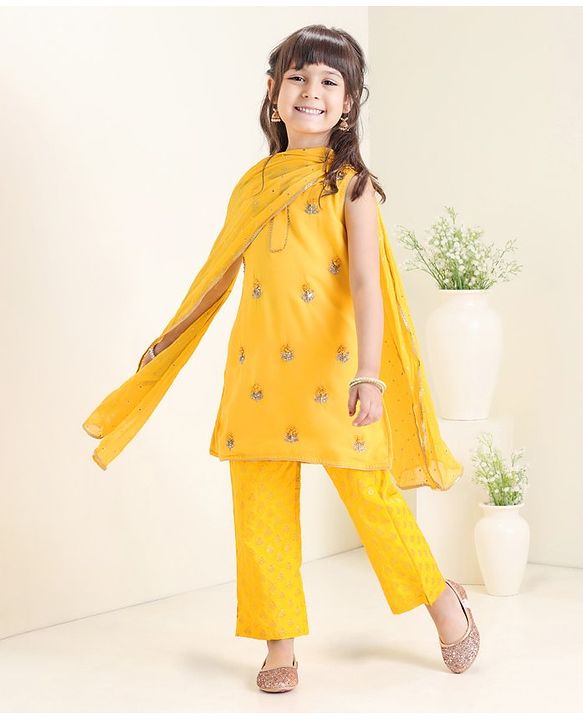 Babyhug Sleeveless Embroidered Kurti Churidar Set with Dupatta - Yellow
