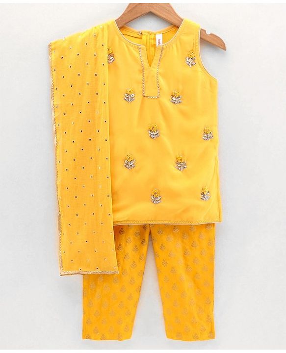 Babyhug Sleeveless Embroidered Kurti Churidar Set with Dupatta - Yellow