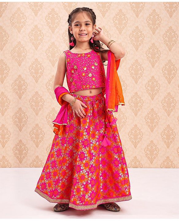 Babyhug Sleeveless Choli & Lehenga With Dupatta Floral Work - Pink