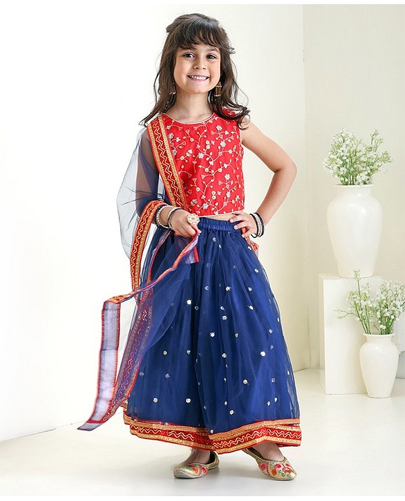 Babyhug Sleeveless Embroidered Choli Lehenga and Dupatta Set with Sequins - Red Navy