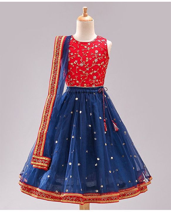 Babyhug Sleeveless Embroidered Choli Lehenga and Dupatta Set with Sequins - Red Navy