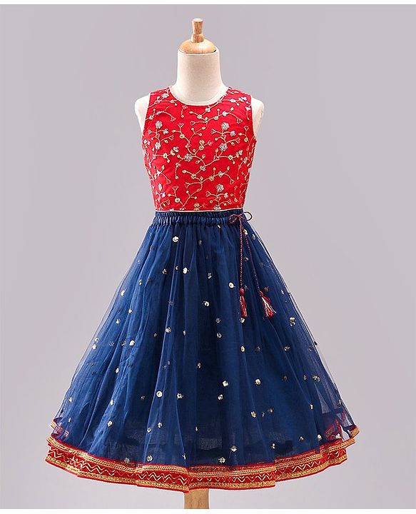 Babyhug Sleeveless Embroidered Choli Lehenga and Dupatta Set with Sequins - Red Navy