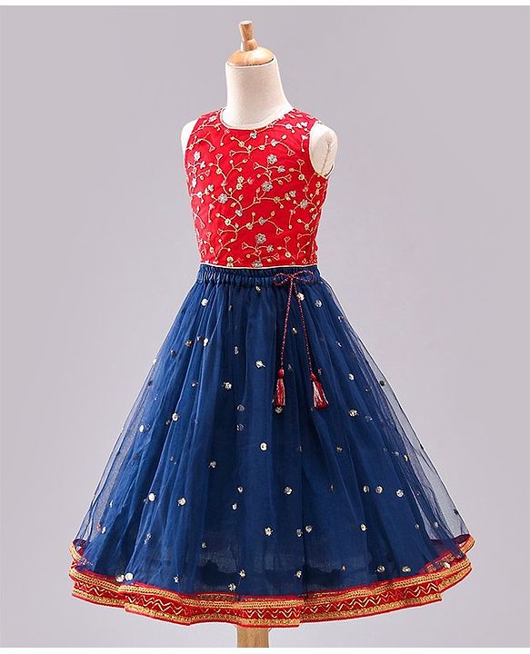 Babyhug Sleeveless Embroidered Choli Lehenga and Dupatta Set with Sequins - Red Navy