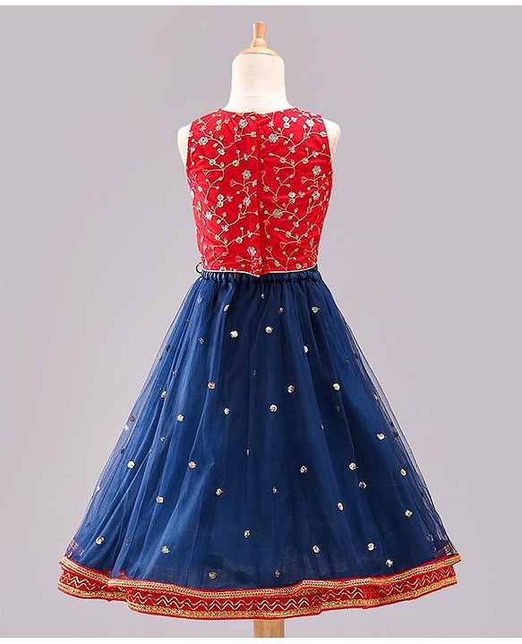 Babyhug Sleeveless Embroidered Choli Lehenga and Dupatta Set with Sequins - Red Navy