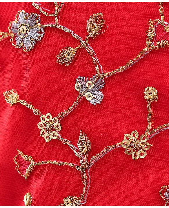 Babyhug Sleeveless Embroidered Choli Lehenga and Dupatta Set with Sequins - Red Navy