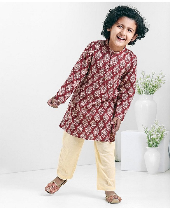 Babyhug Full Sleeves Woven Cotton All Over Printed Kurta and Dhoti Set - Maroon Beige