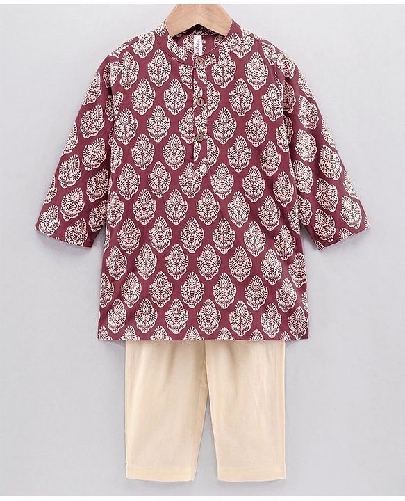 Babyhug Full Sleeves Woven Cotton All Over Printed Kurta and Dhoti Set - Maroon Beige
