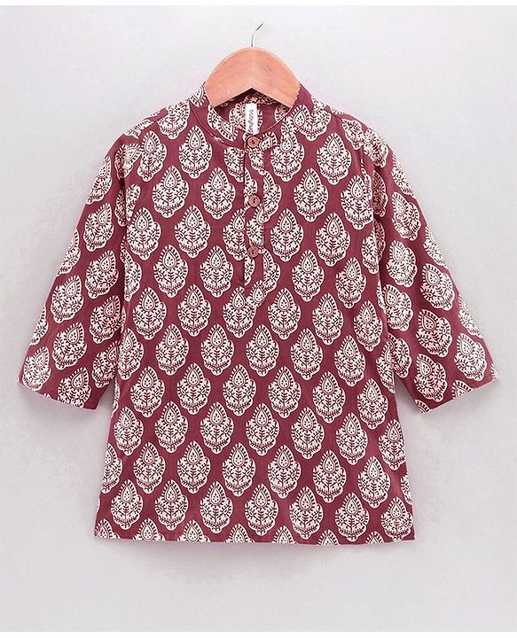 Babyhug Full Sleeves Woven Cotton All Over Printed Kurta and Dhoti Set - Maroon Beige