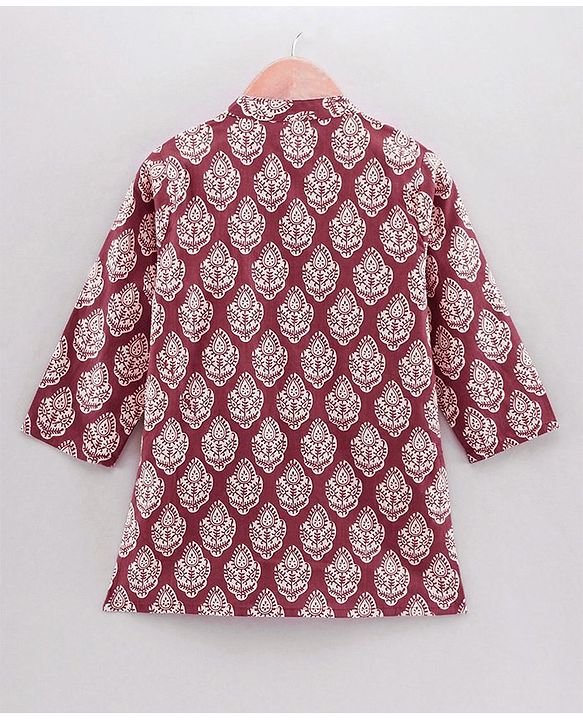 Babyhug Full Sleeves Woven Cotton All Over Printed Kurta and Dhoti Set - Maroon Beige