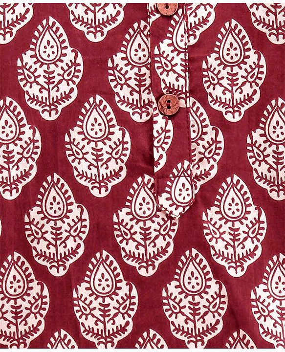 Babyhug Full Sleeves Woven Cotton All Over Printed Kurta and Dhoti Set - Maroon Beige