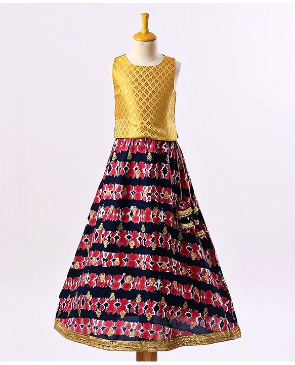 Babyhug Sleeveless Choli & Lehenga with Dupatta All Over Printed - Blue