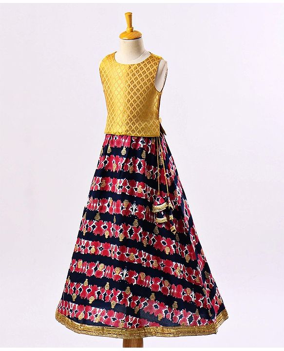 Babyhug Sleeveless Choli & Lehenga with Dupatta All Over Printed - Blue
